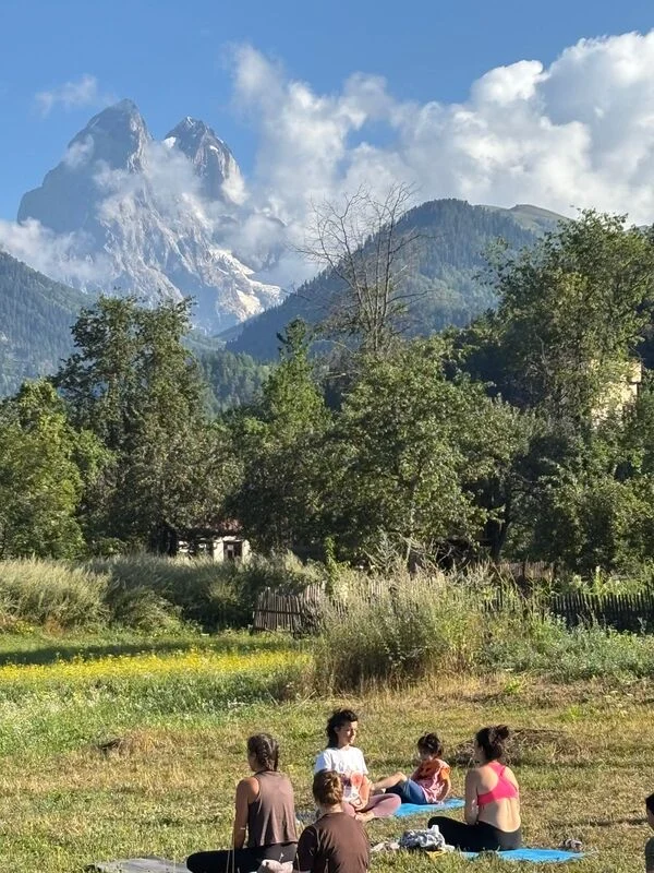 Outdoor yoga practice in Svaneti